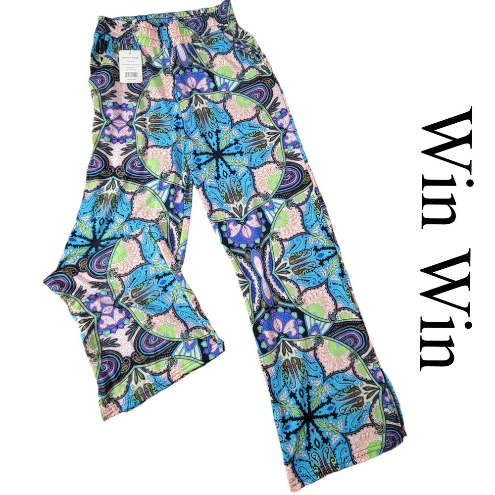 WinWin Slit Accent Trouser Blue Paisley‎ Mandala Wide Leg Pants Size S-M NWT